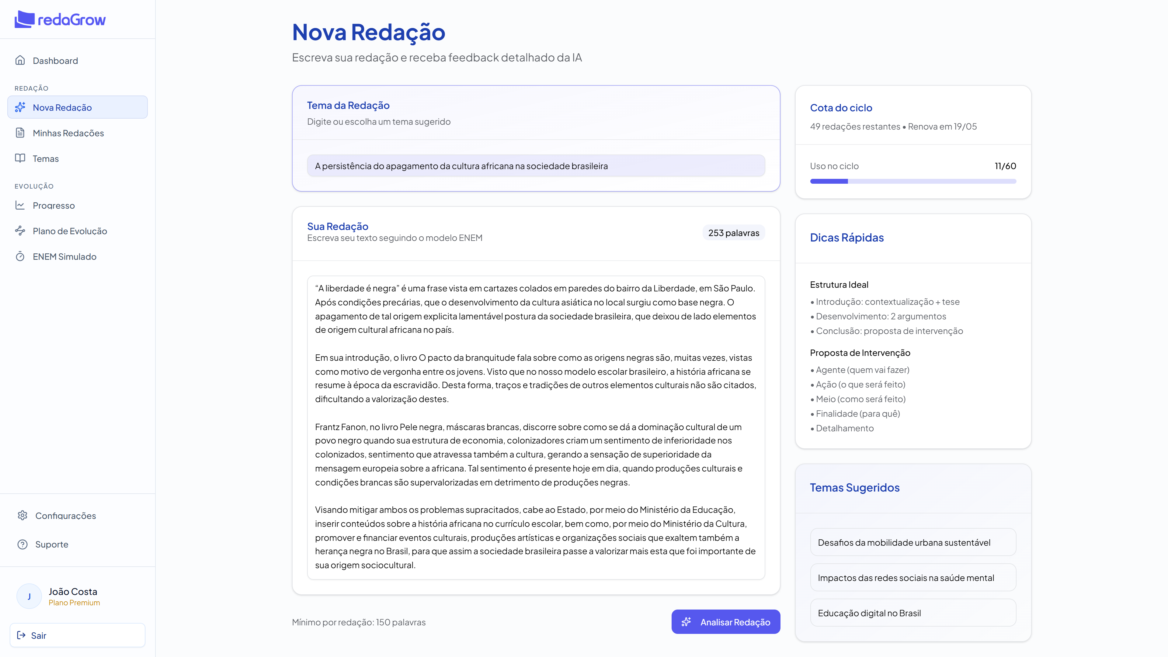 Escreva sua redação e clique em analisar